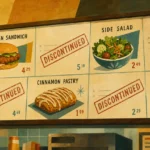 Retro illustration of a fast-food menu board with several items marked as discontinued, in warm mid-century gouache style.