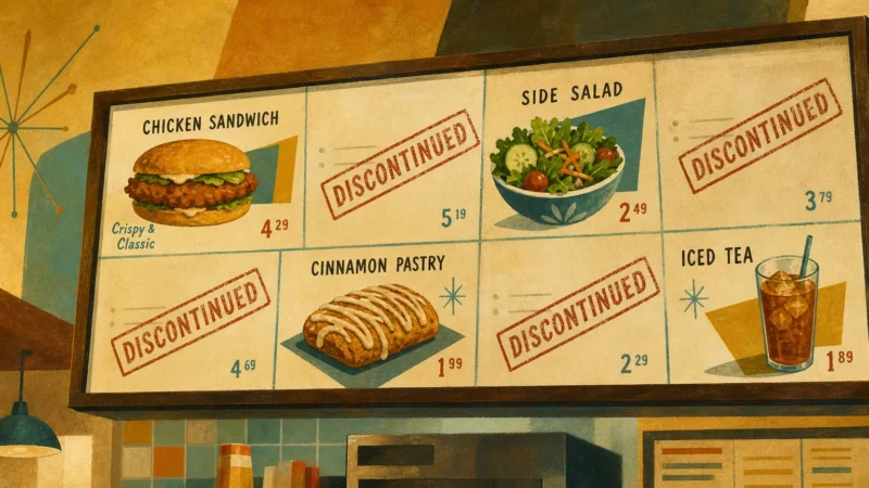 Retro illustration of a fast-food menu board with several items marked as discontinued, in warm mid-century gouache style.