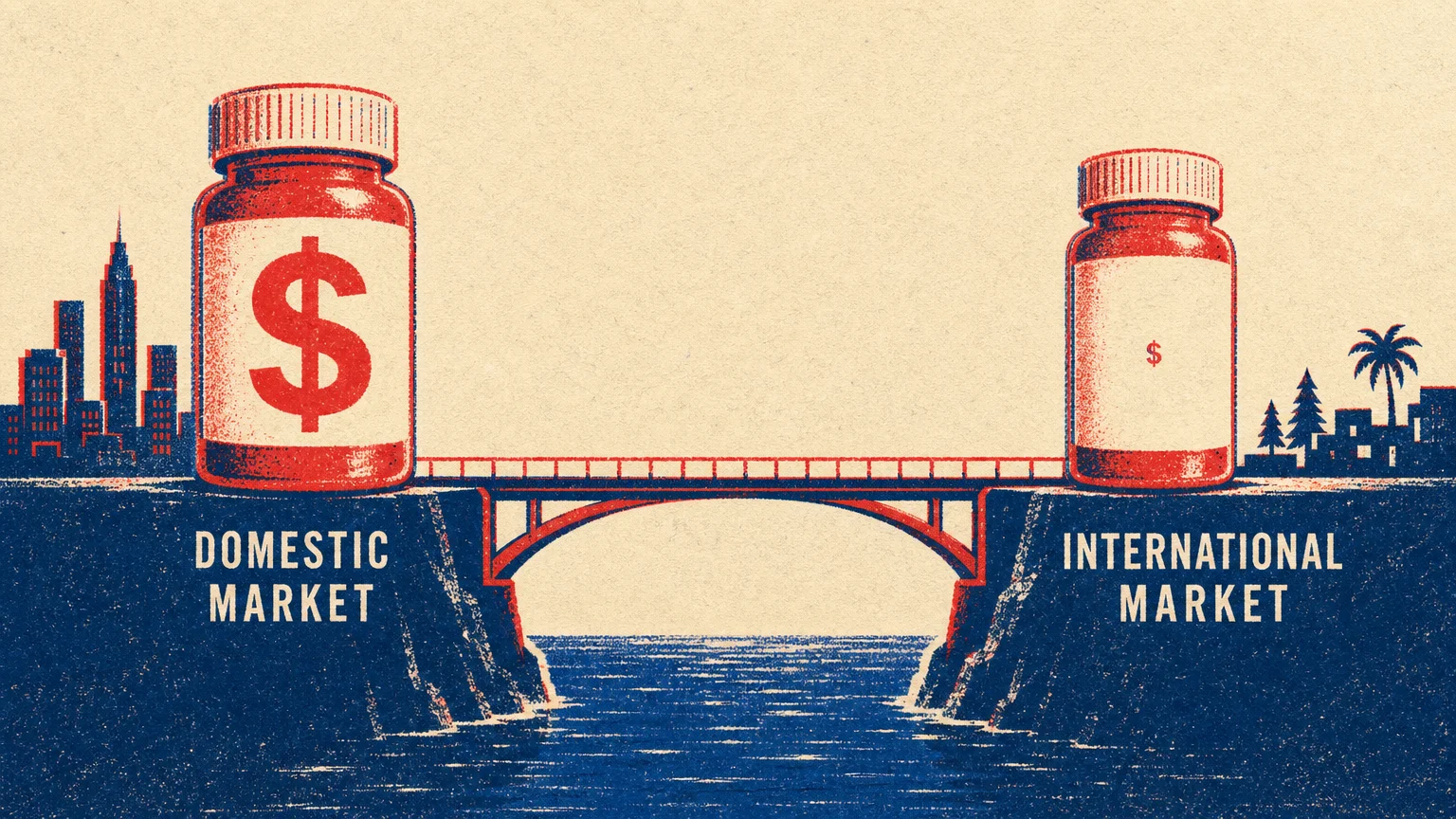 Risograph illustration of a bridge connecting two landmasses, comparing identical medicine bottles with different price tags.
