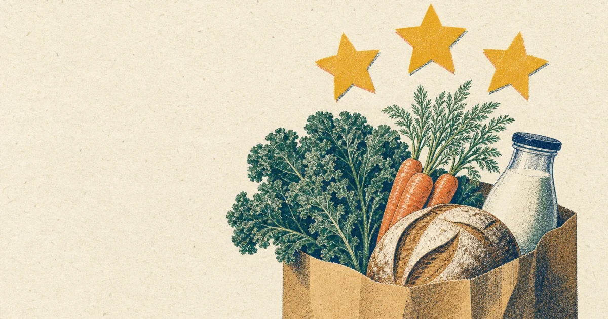 Risograph illustration of a grocery bag filled with fresh produce and gold stars.