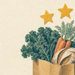 Risograph illustration of a grocery bag filled with fresh produce and gold stars.
