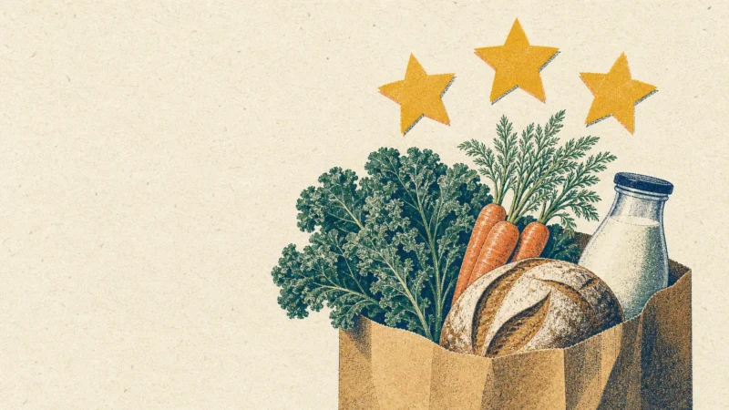 Risograph illustration of a grocery bag filled with fresh produce and gold stars.
