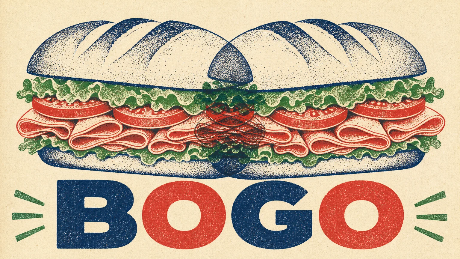 Risograph print of two overlapping sub sandwiches representing a BOGO sale.