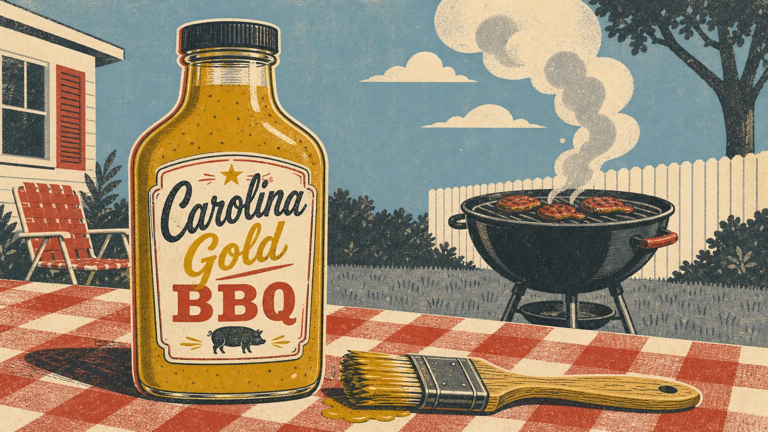 Screenprint style illustration of a bottle of Carolina Gold BBQ sauce on a picnic table.