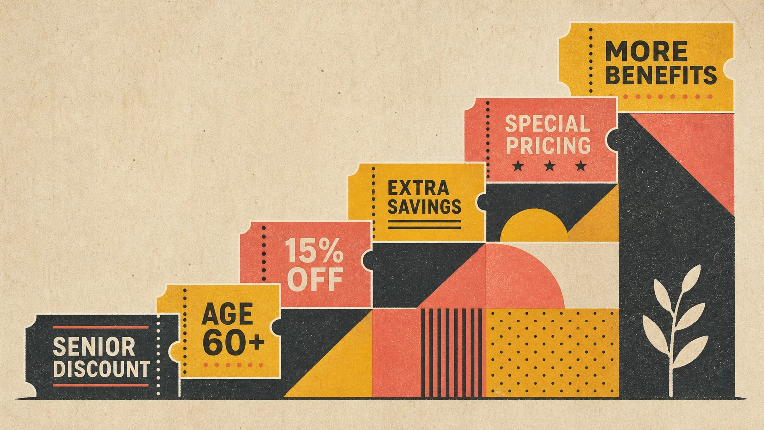 Stylized gouache illustration of stacked senior discount tickets forming a rising staircase.