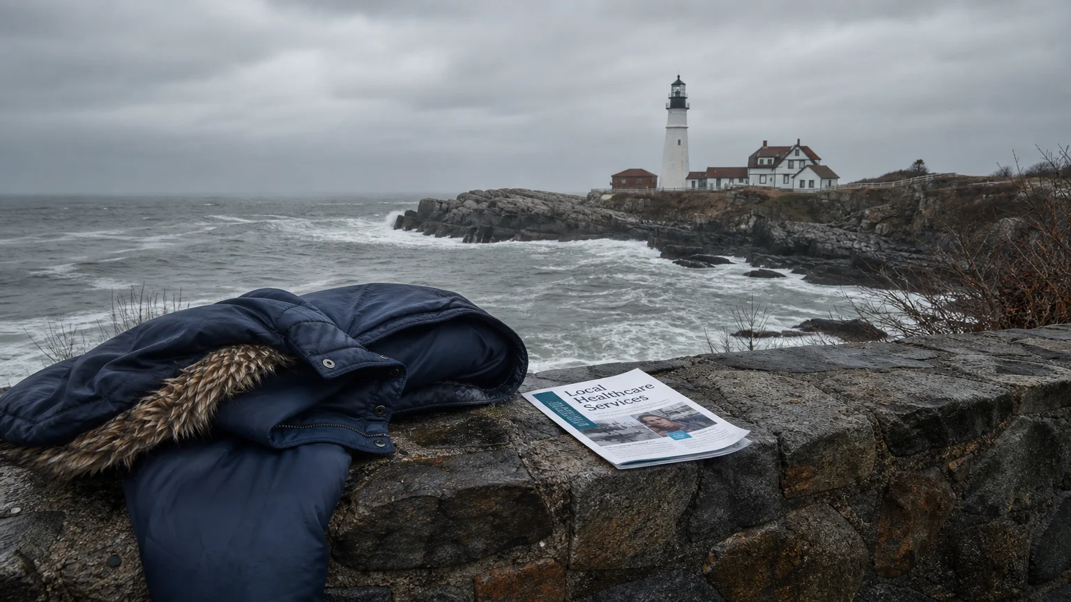 The Maine coastline on an overcast day with a healthcare services flyer in the foreground.