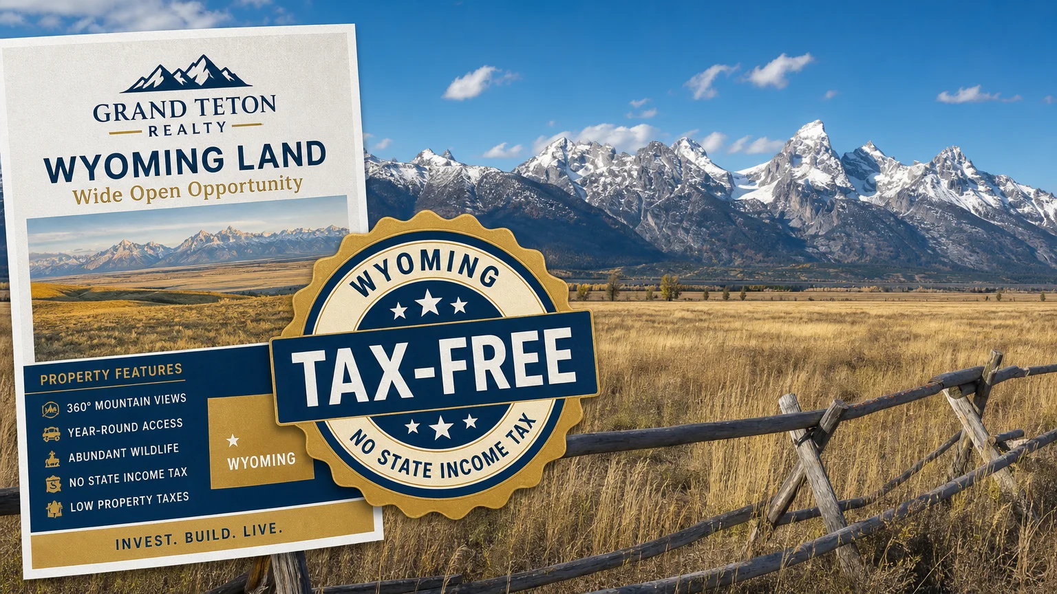 The Wyoming Tetons with a 'Tax-Free' real estate flyer in the foreground.
