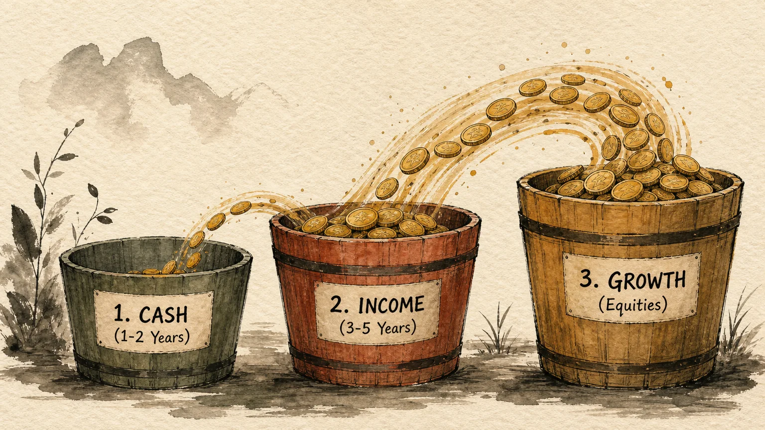 Three screenprinted buckets labeled Cash, Income, and Growth, showing a conceptual flow of funds between them.