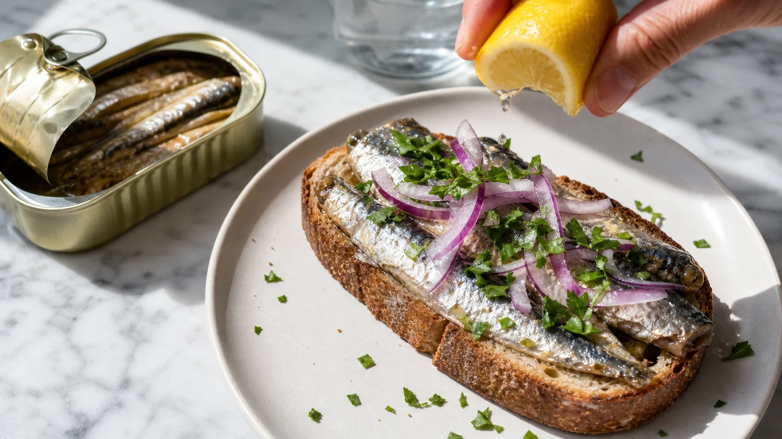 Tinned sardines on sourdough toast with red onion and lemon, an affordable and nutrient-dense snack.