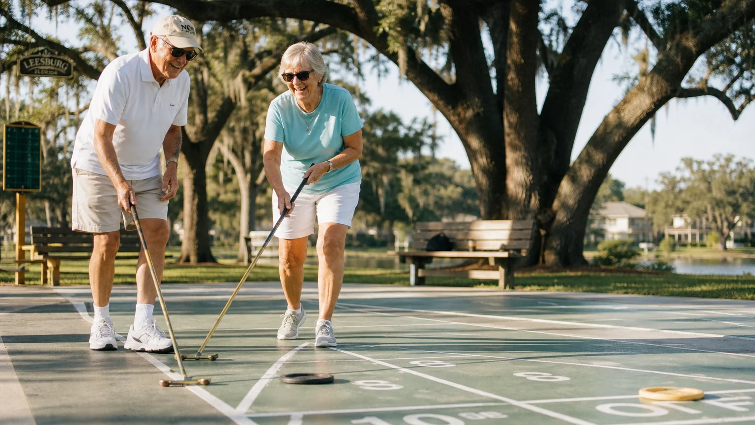 Two smiling retirees play shuffleboard on an outdoor court shaded by oak trees in Leesburg, Florida.