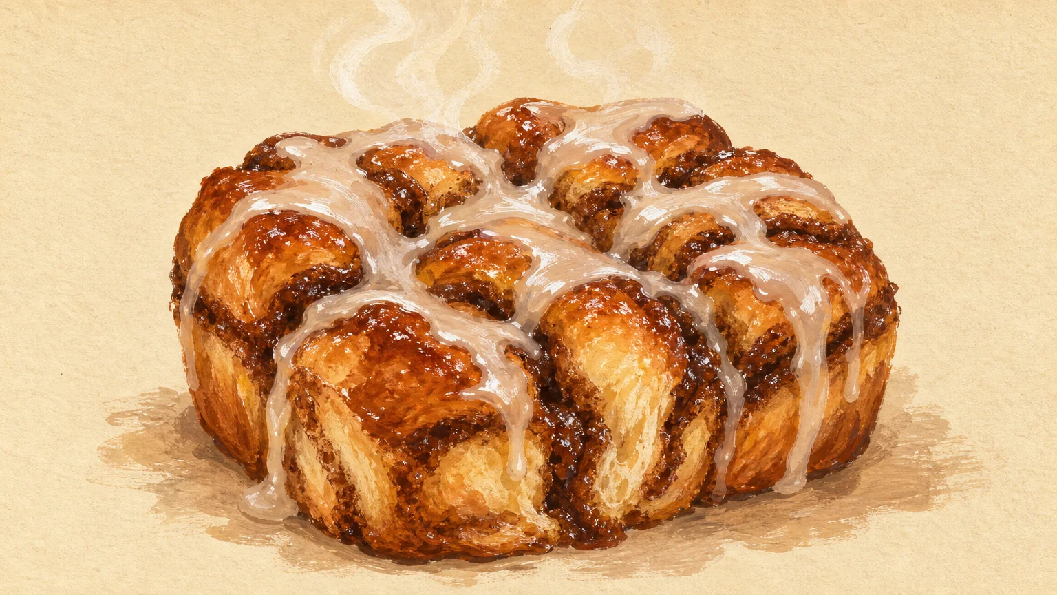 Warm gouache illustration of a gooey cinnamon cluster pastry with a generous drizzle of vanilla icing.