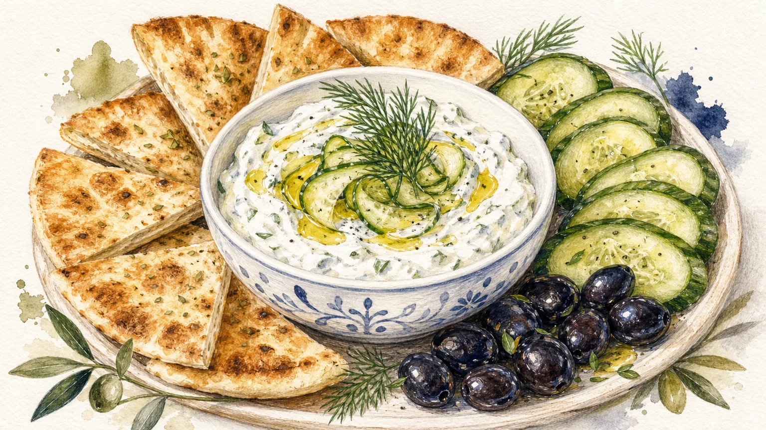Watercolor illustration of a bowl of creamy tzatziki dip surrounded by toasted pita wedges.