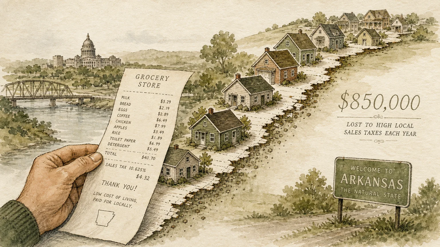 Watercolor illustration of a grocery receipt turning into small houses, with the number $850,000 hand-lettered in the background.