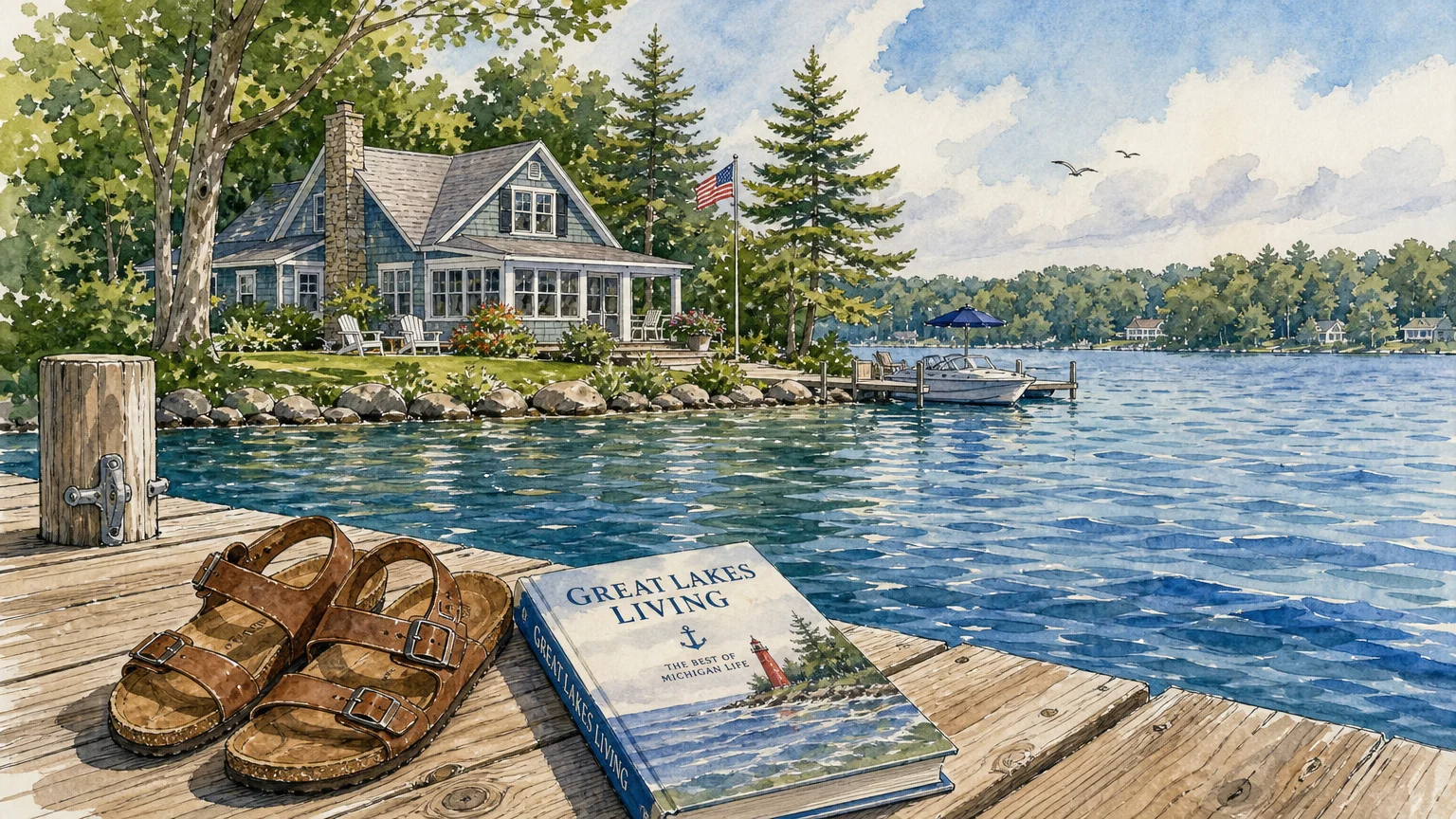 Watercolor illustration of a Michigan lakefront cottage and a dock with a book on lake living.