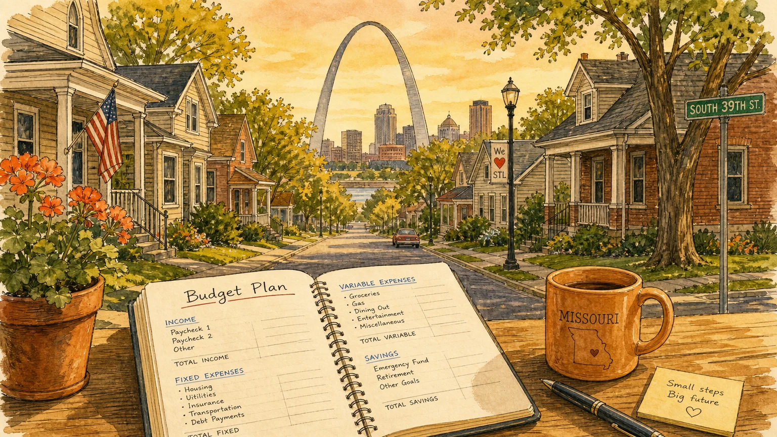 Watercolor illustration of a Missouri neighborhood with the Gateway Arch visible in the distance.