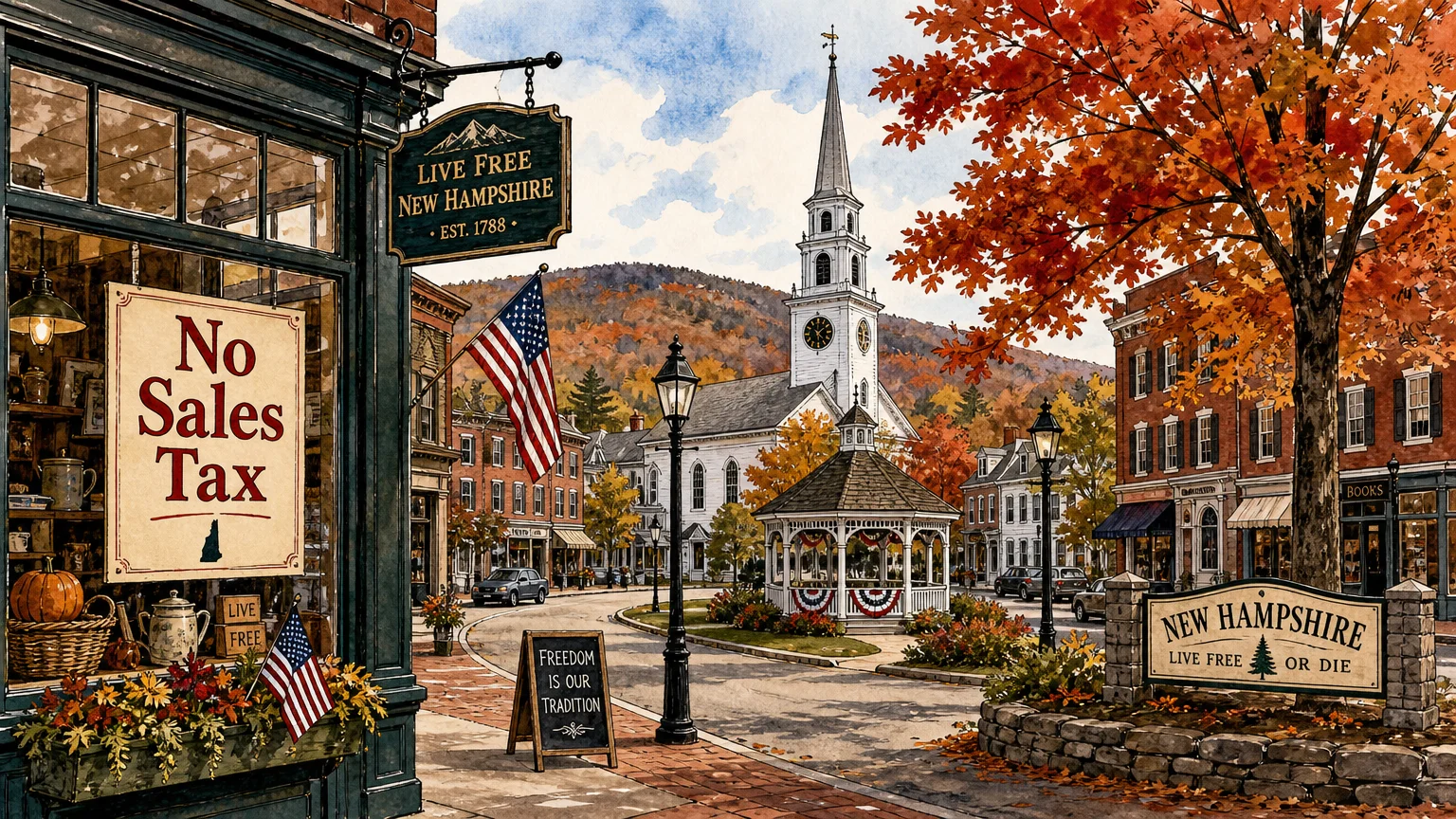 Watercolor illustration of a New Hampshire town with a sign highlighting the lack of sales tax.