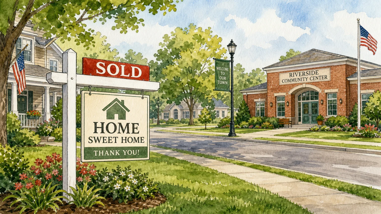 Watercolor illustration of a peaceful Ohio neighborhood with a 'Sold' sign on a lawn.