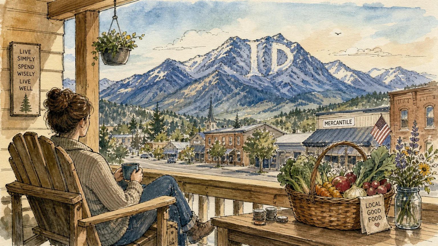 Watercolor illustration of a peaceful porch in Idaho with mountains in the background and a small stack of coins.