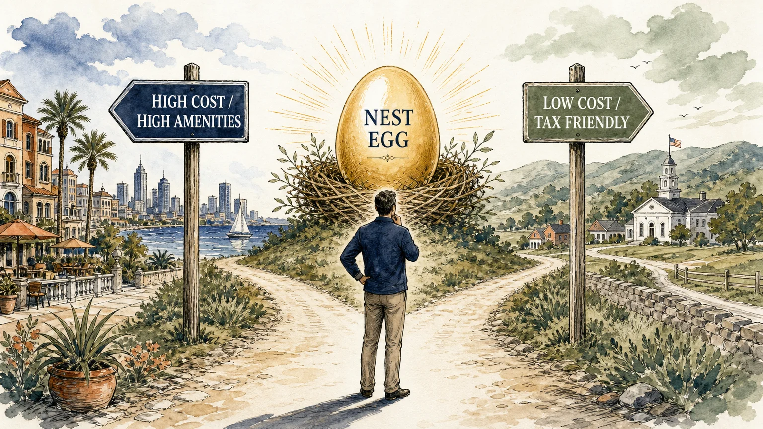 Watercolor illustration of a person at a crossroads choosing between high-cost and tax-friendly retirement states.