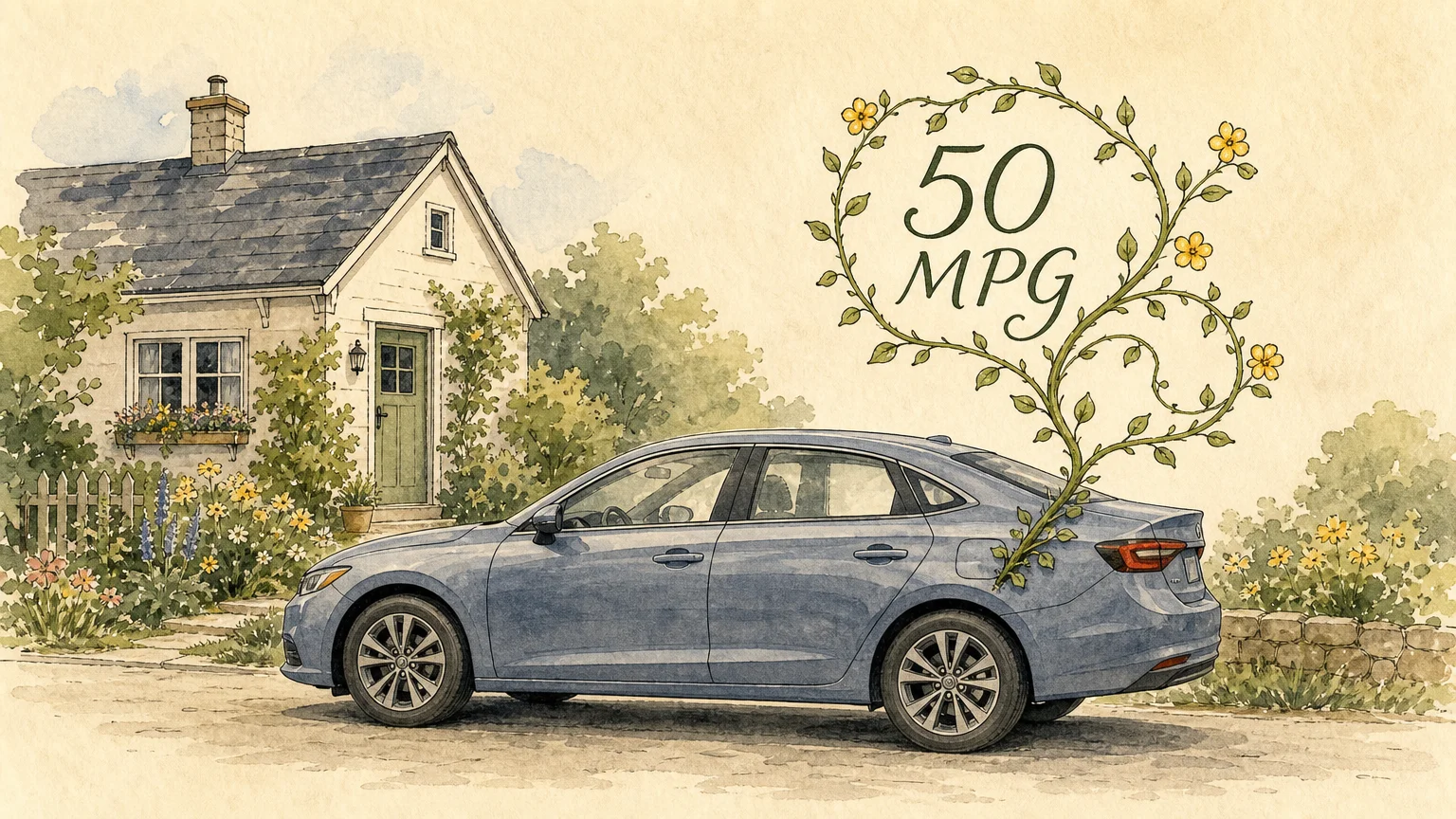 Watercolor illustration of a sedan parked by a cottage with a flowering vine growing from the gas tank, labeled 50 MPG.