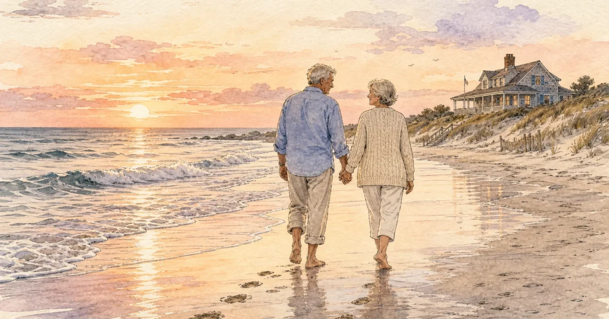 Watercolor illustration of a senior couple walking on a peaceful beach at sunset near a cozy coastal cottage.