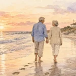 Watercolor illustration of a senior couple walking on a peaceful beach at sunset near a cozy coastal cottage.