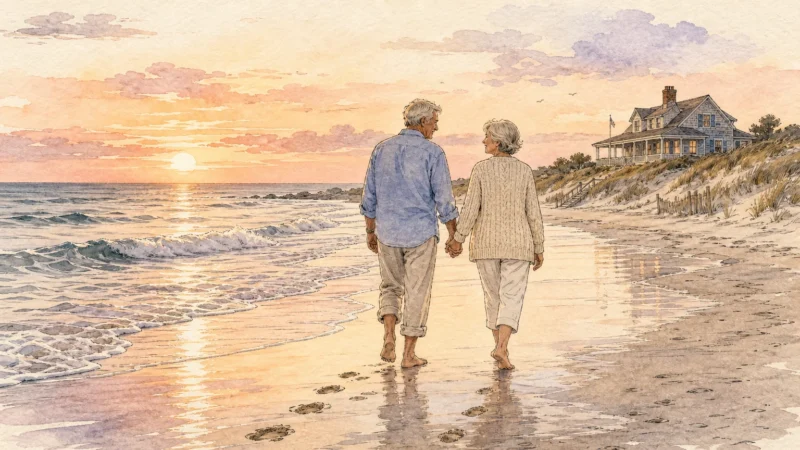 Watercolor illustration of a senior couple walking on a peaceful beach at sunset near a cozy coastal cottage.