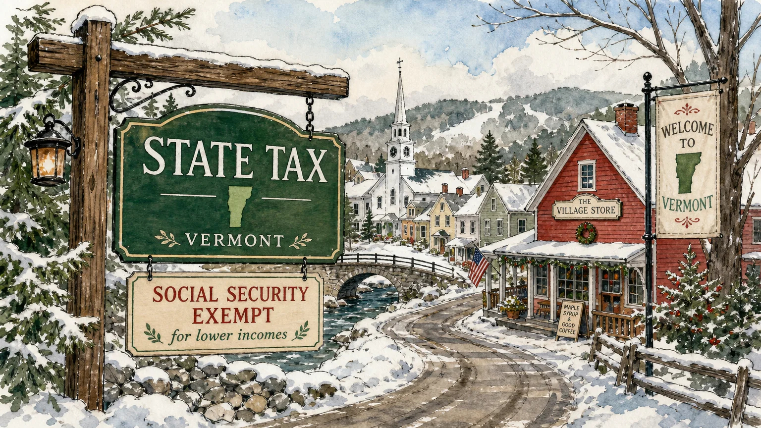 Watercolor illustration of a snowy Vermont village with tax information labels.