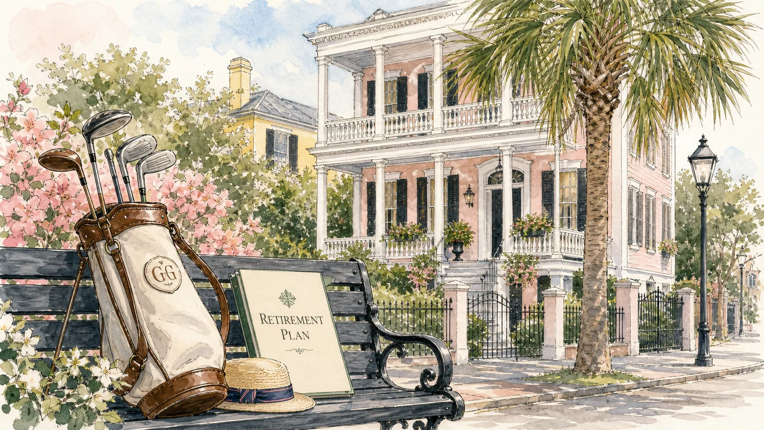 Watercolor illustration of a South Carolina home with a golf club and retirement plan.