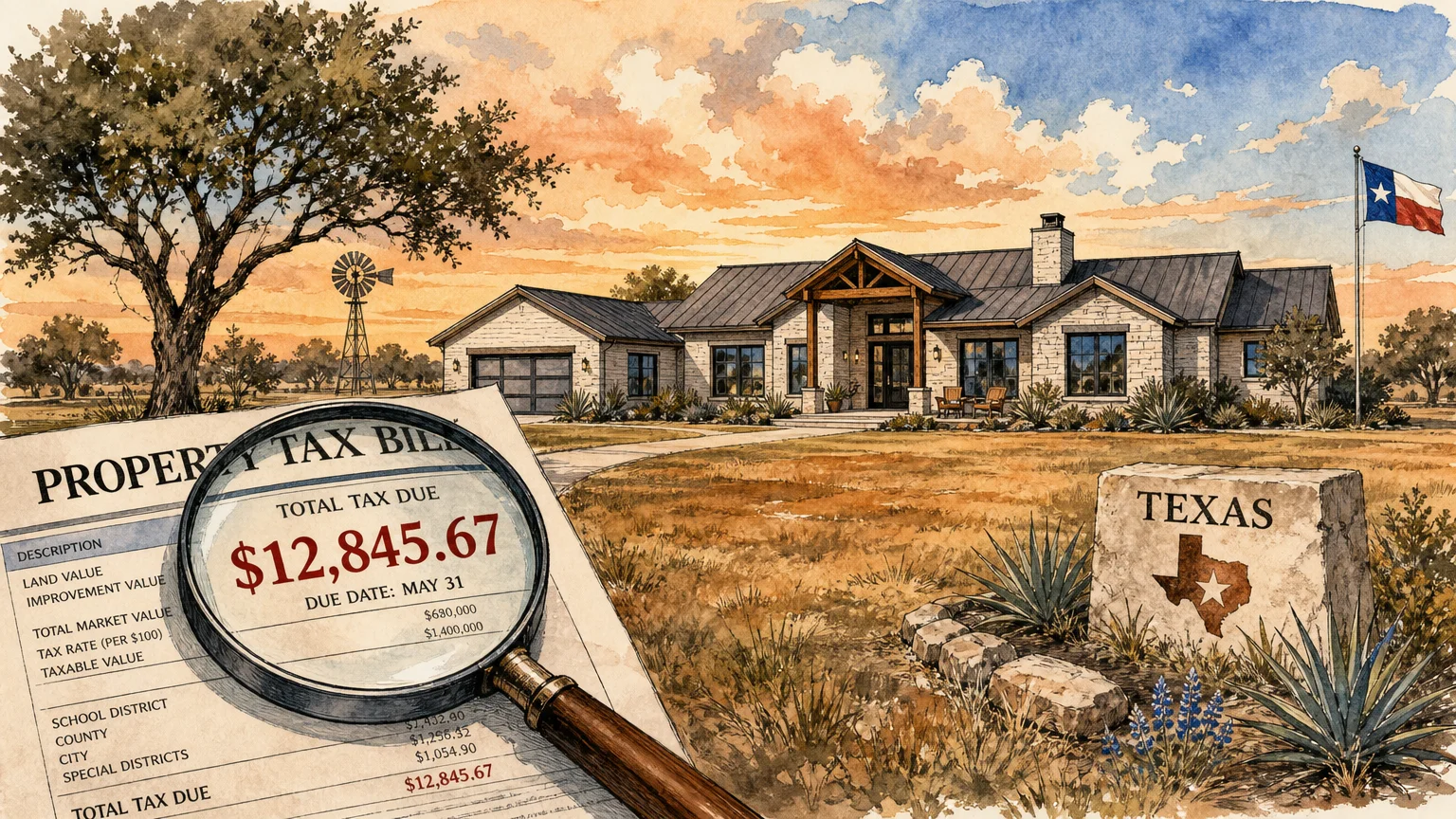 Watercolor illustration of a Texas home with a focus on a property tax bill.
