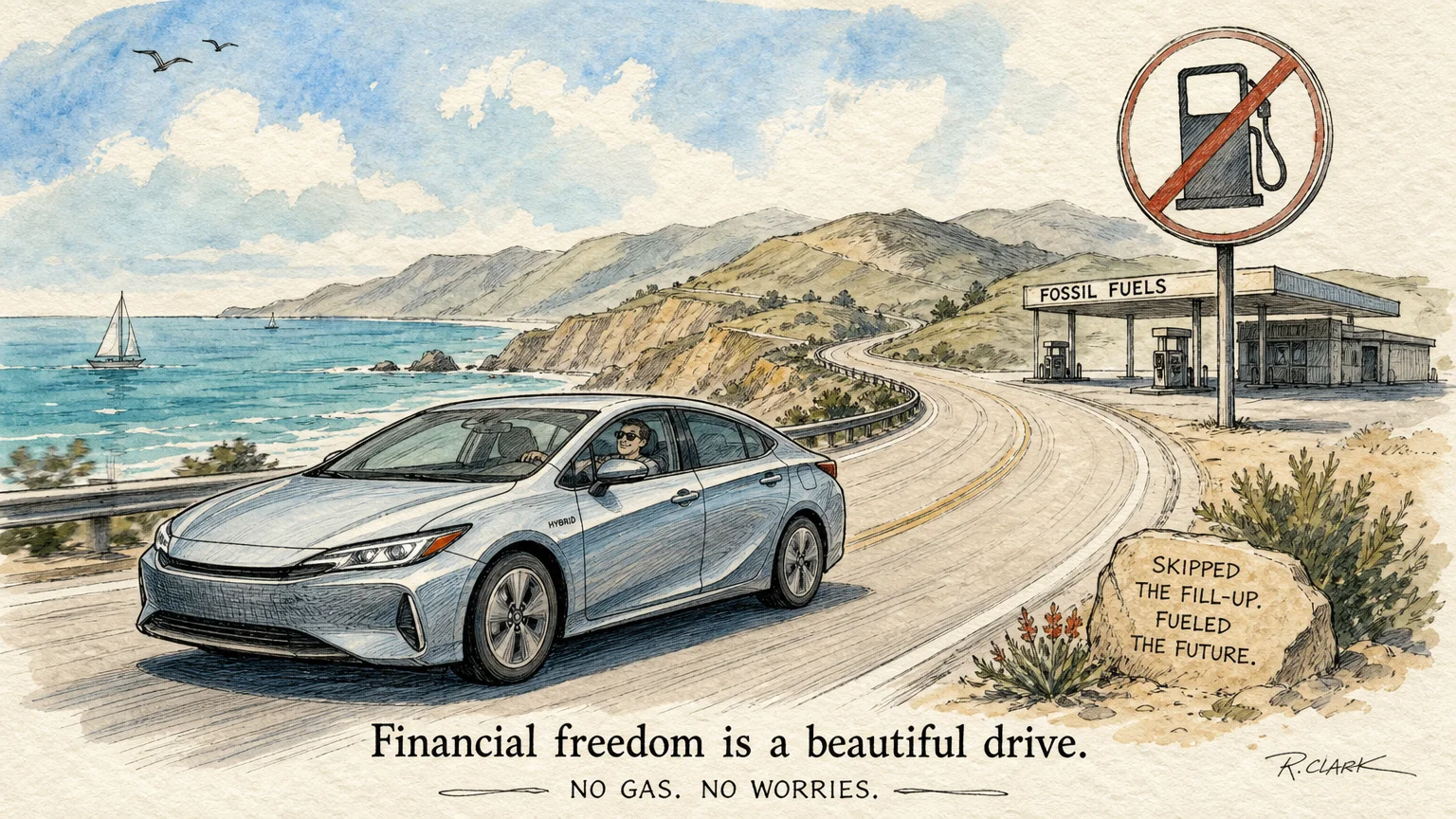 Watercolor illustration of an aerodynamic hybrid car driving past a slashed-out gas pump on a scenic coastal highway.