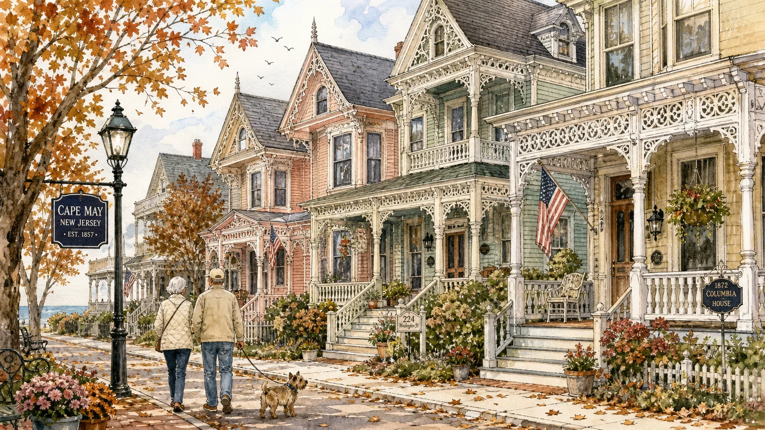Watercolor illustration of an older couple walking a dog past colorful Victorian gingerbread houses in Cape May.