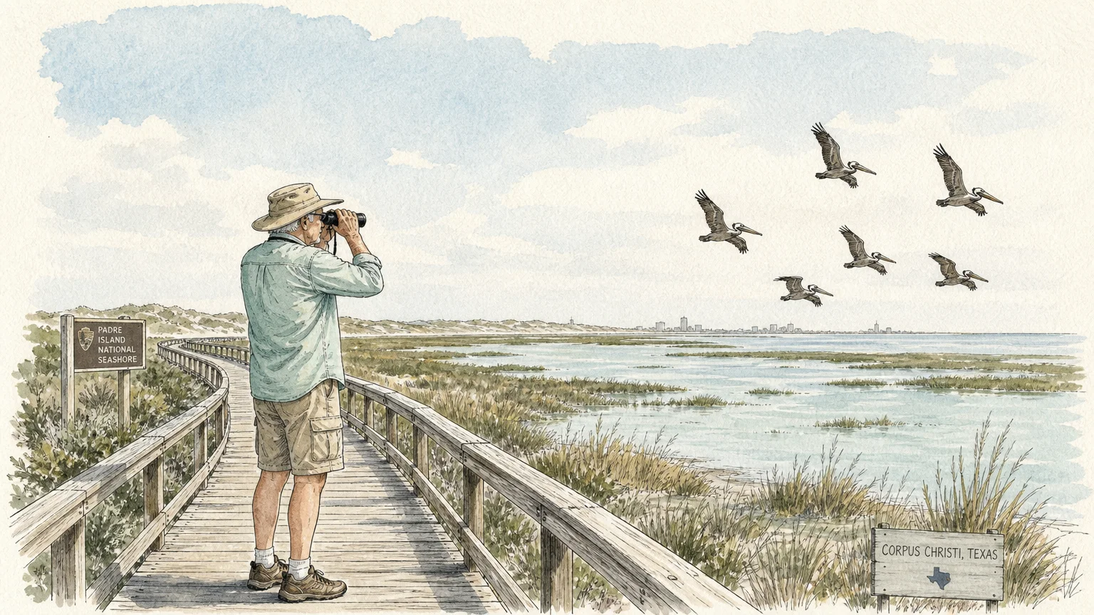 Watercolor illustration of an older man birdwatching with binoculars from a boardwalk in the Texas coastal wetlands.