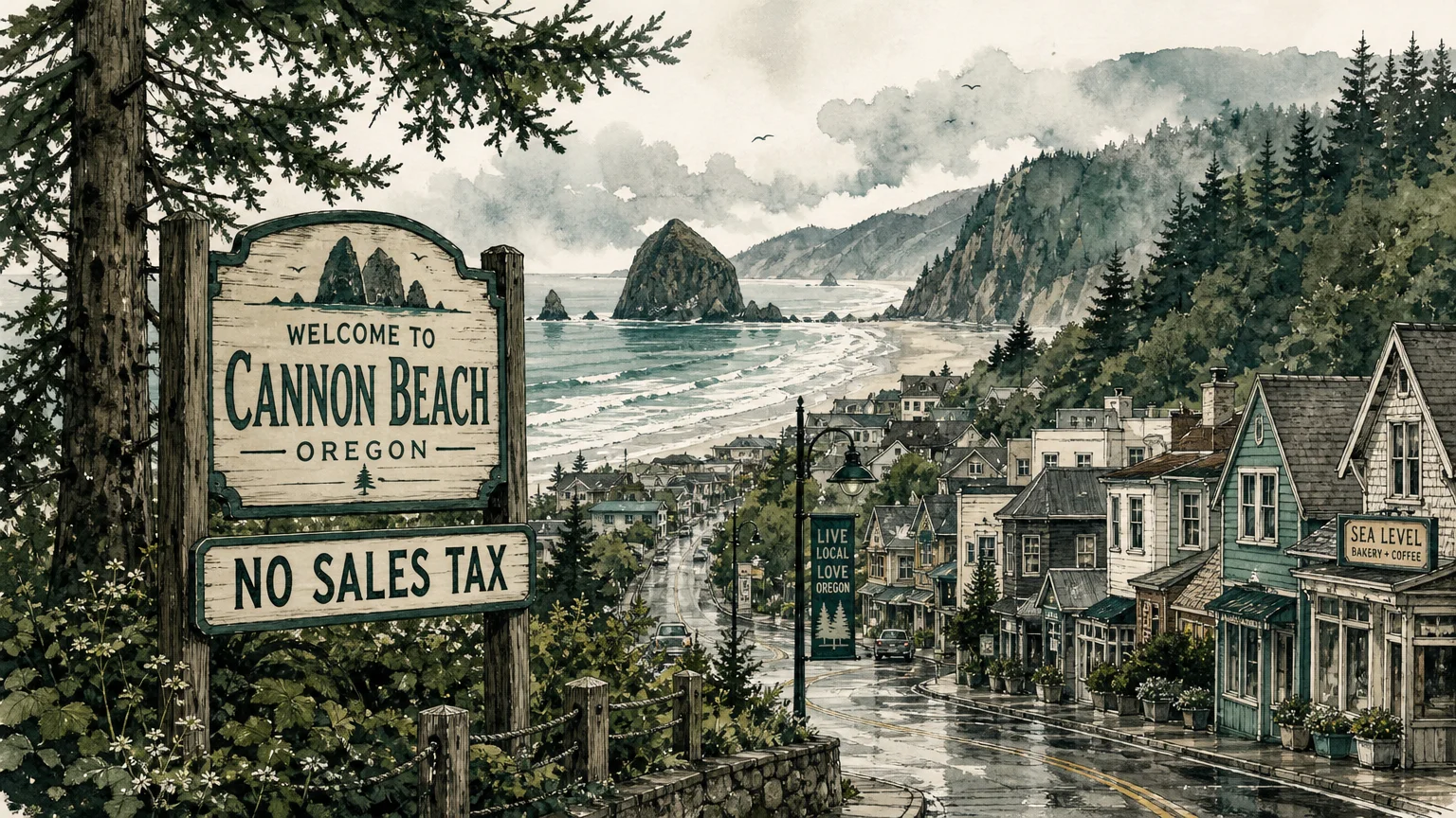 Watercolor illustration of the Oregon coast with a 'No Sales Tax' sign in a town.