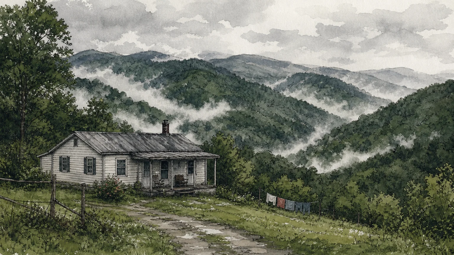 Watercolor illustration of the West Virginia mountains and an affordable home.