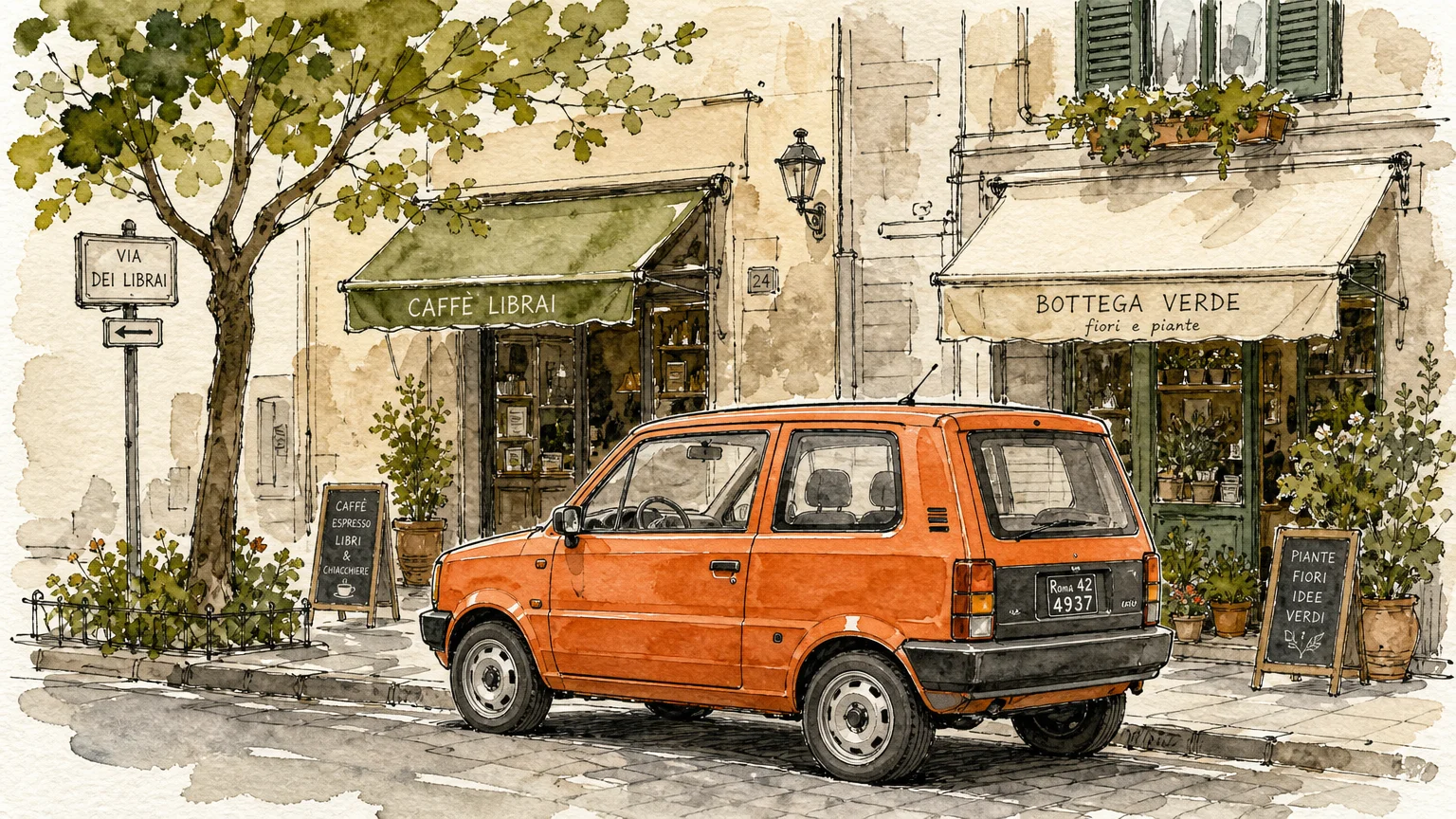 Watercolor sketch of a boxy compact hatchback parked on a historic town street with charming local shops.