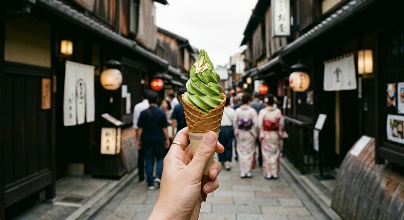 A 35mm film photo of a bright green matcha ice cream cone with gold leaf, held against a blurred historic street in Kyoto.