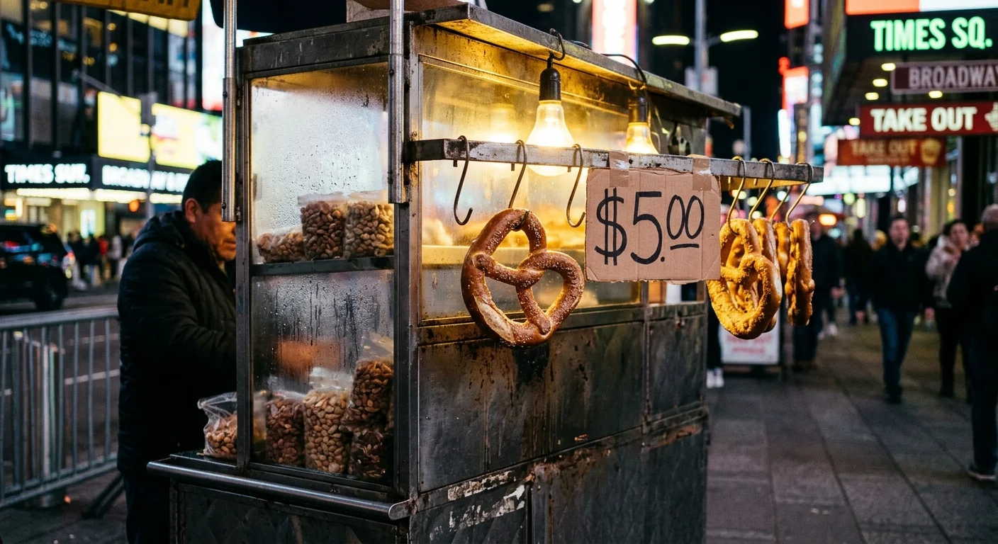 A 35mm film photo of dry street pretzels hanging under a heat lamp on a New York City cart with a five-dollar sign.