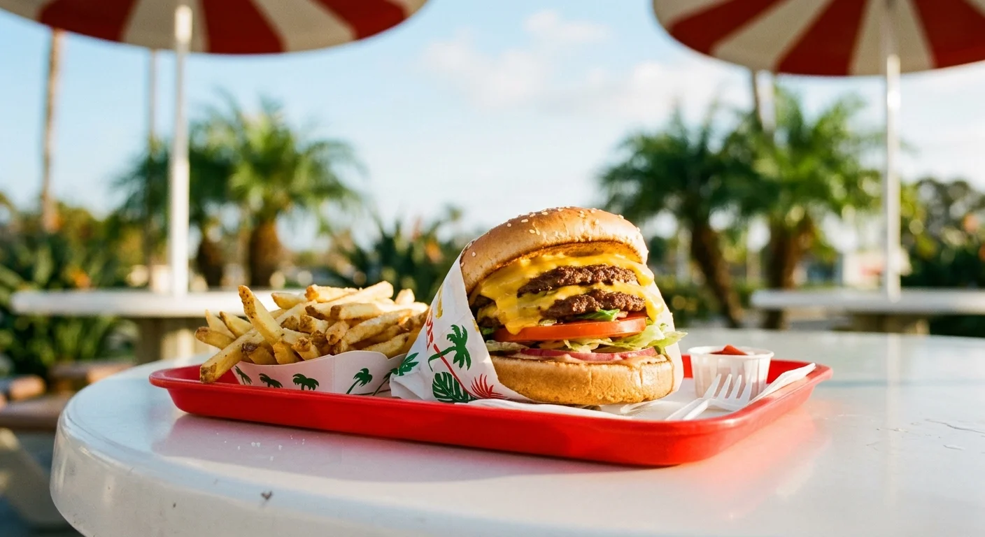 A beautiful 35mm film photo of a fresh cheeseburger and golden fries on a red plastic tray at an outdoor table under a red-and-white umbrell