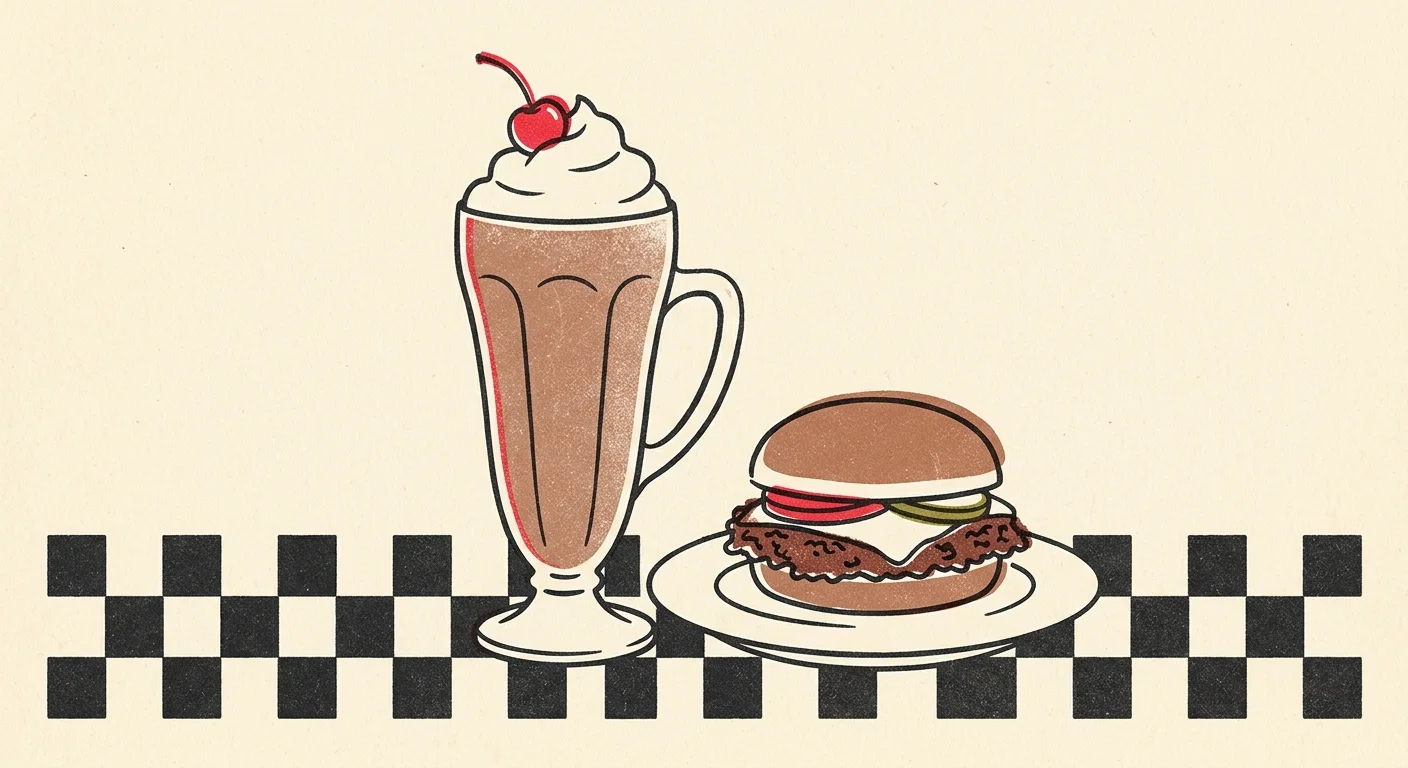 A beautiful mid-century risograph illustration of a tall milkshake with a cherry and a smashburger on a checkered pattern.