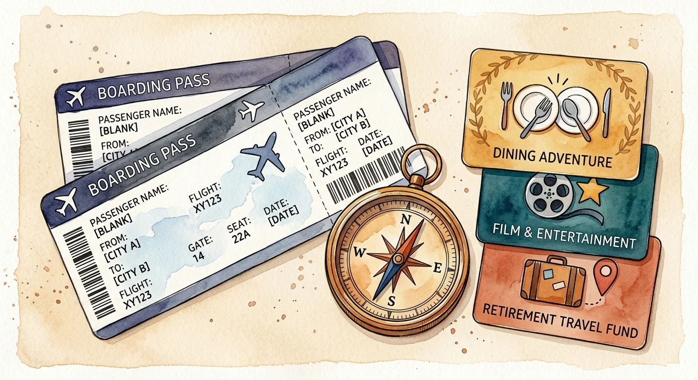 A beautiful watercolor flat-lay showing travel passes, a compass, and discount gift cards neatly arranged.
