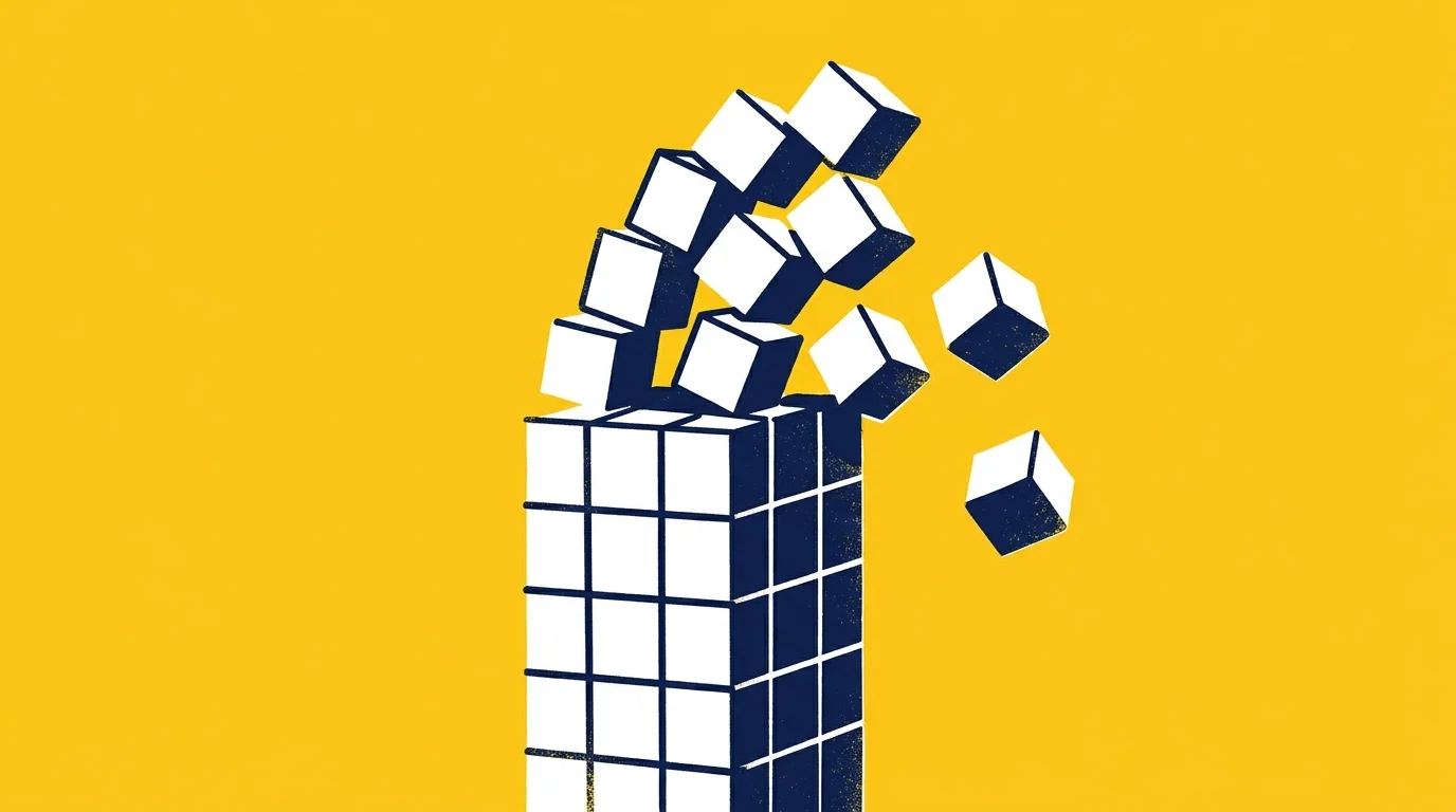 A bold graphic illustration of sugar cubes stacked in a high tower that is starting to topple over against a yellow background.