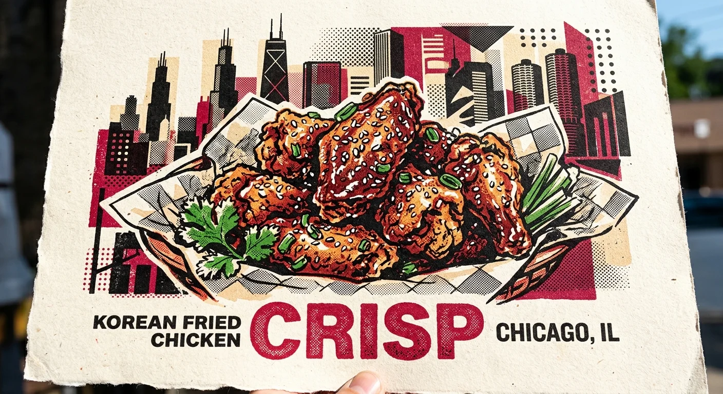 A bold red and black risograph illustration of sesame-sprinkled Korean fried chicken wings with a Chicago skyline backdrop.