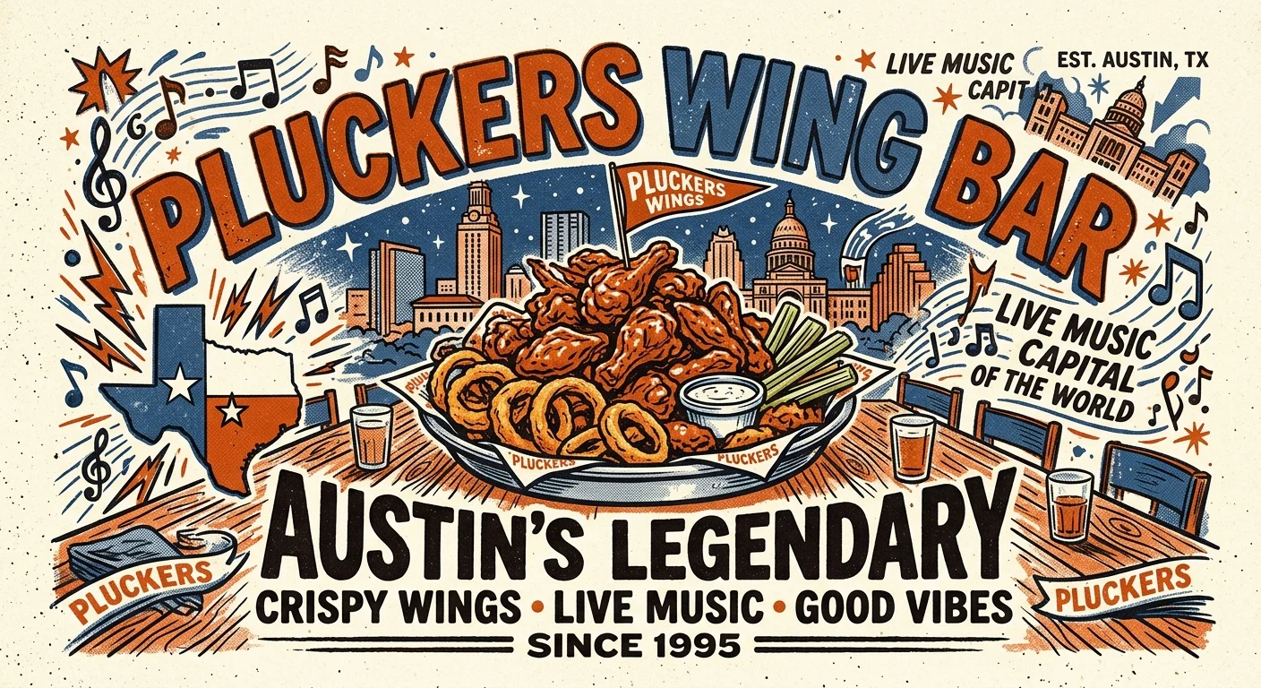 A burnt orange and blue risograph illustration of a giant sharing platter of wings and onion rings in Texas.