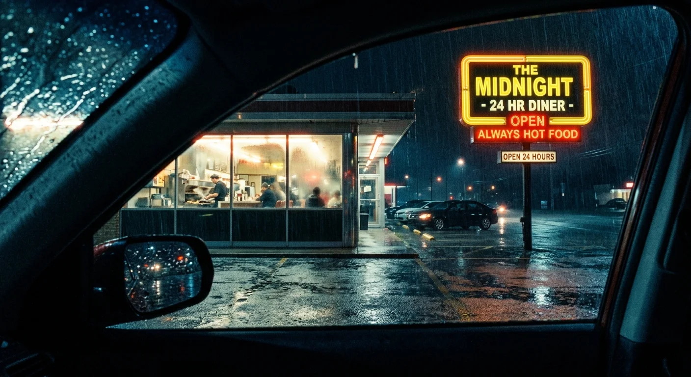 A cinematic night photo of a glowing yellow diner sign reflecting on wet asphalt, viewed through a rain-streaked car window.