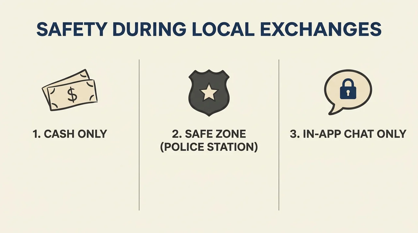 A clean 3-panel safety checklist infographic detailing rules for local transactions: cash only, safe zones, and in-app chat.