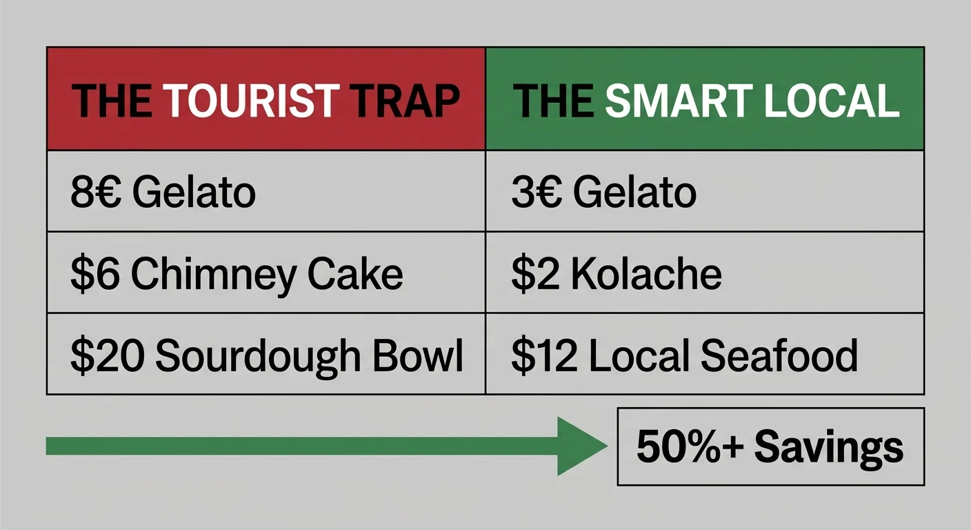 A clean comparison chart showing the price differences between tourist food traps and smart local alternatives.