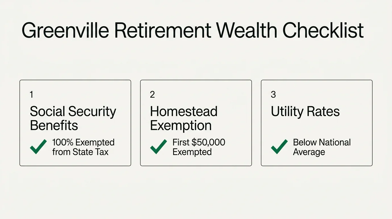 A clean financial checklist outlining tax exemptions and lower utility costs that protect retirees' wealth in Greenville.