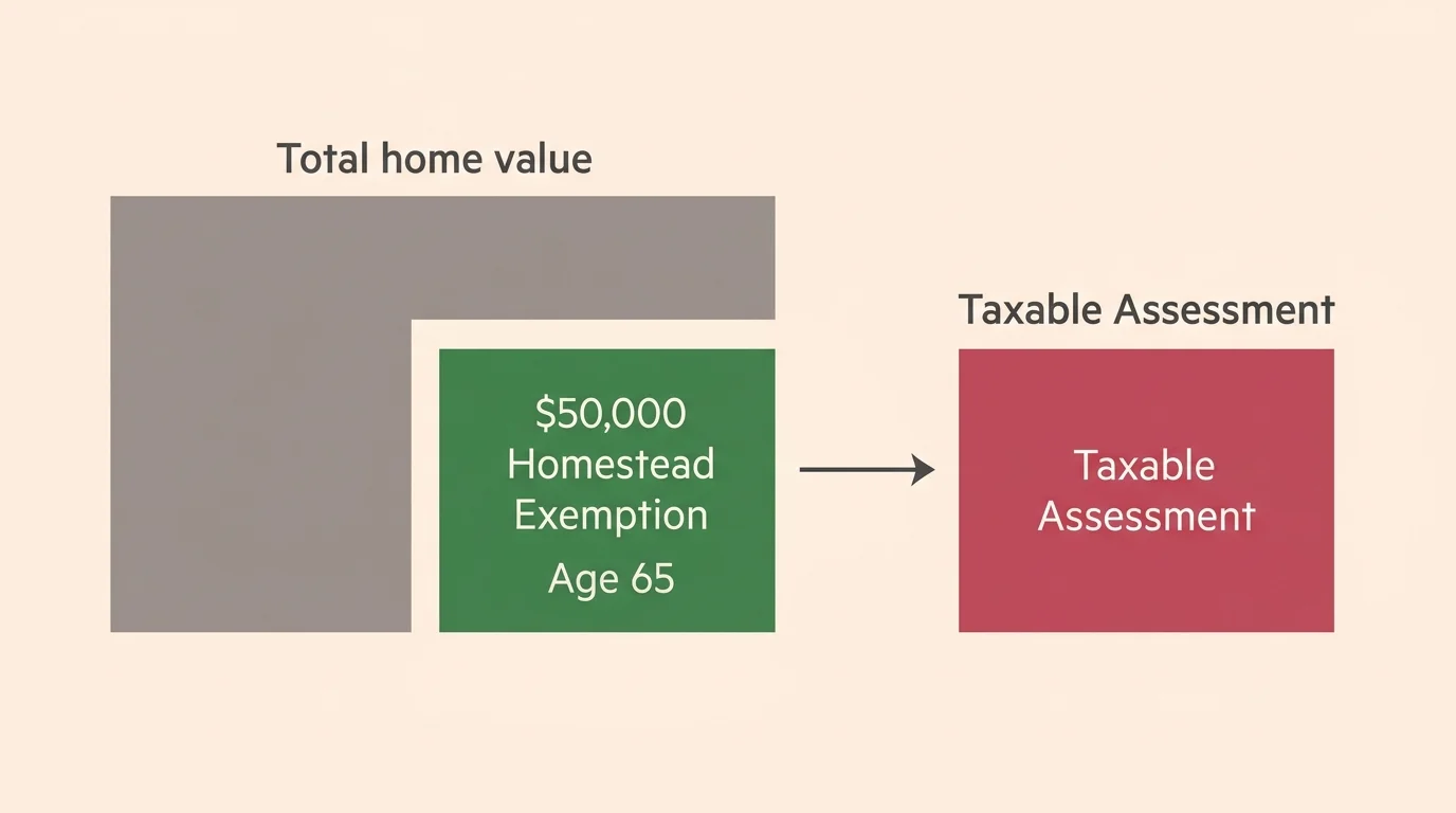 A clean financial diagram showing the $50,000 senior homestead exemption being subtracted from a home's taxable value.