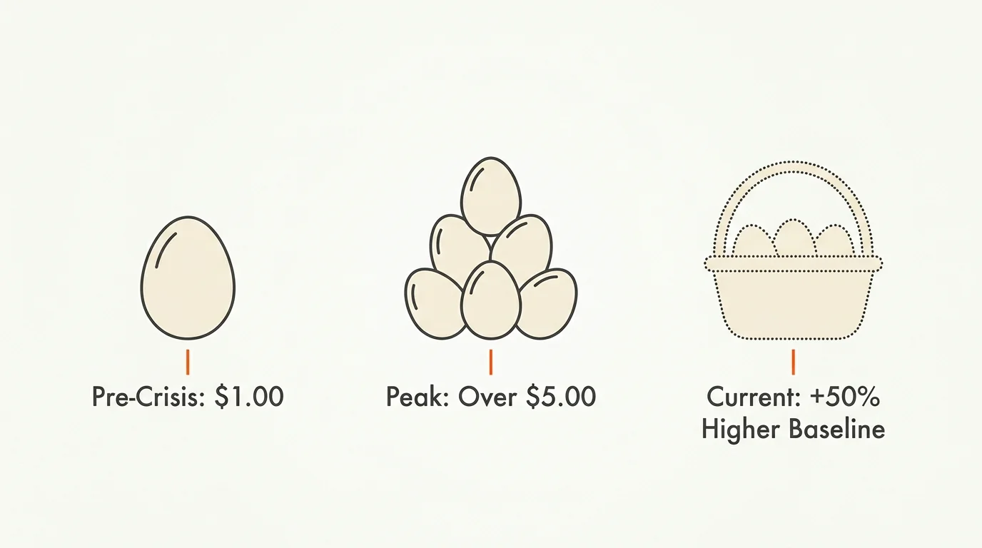 A clean, horizontal data diagram showing egg prices rising from $1.00 to over $5.00, then stabilizing at 50% higher than before.